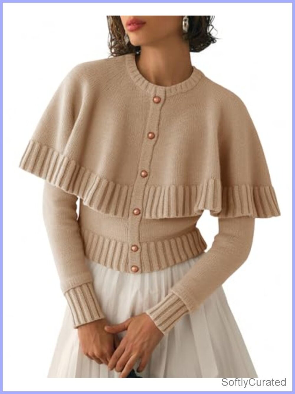 Cropped Cape Cardigan Button Down Long Sleeve Knit Sweater